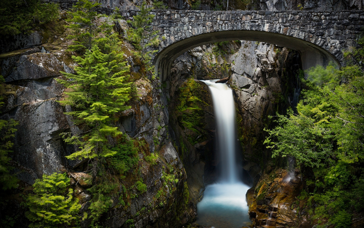 waterfall, rock, old stone bridge, forest, beautiful waterfall, river