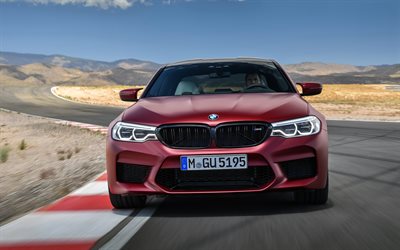 BMW M5, 4k, F90, 2018 carros, vista frontal, vermelho m5, carros alem&#227;es, BMW