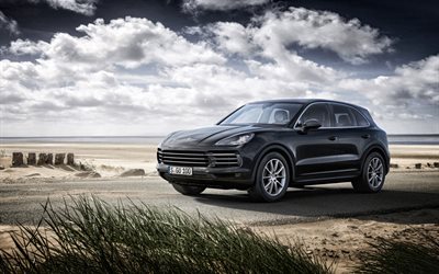 Porsche Cayenne, 2017, &#231;apraz, siyah Porsche, yeni Cayenne, sahil, deniz, Alman otomobil, Porsche
