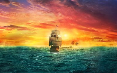 sailboat, sunset, island, ocean