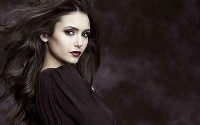 Nina Dobrev, portrait, make-up for brunette, canadian actress, black dress, beautiful woman
