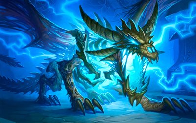 dragon, 4k, art, blue lightning