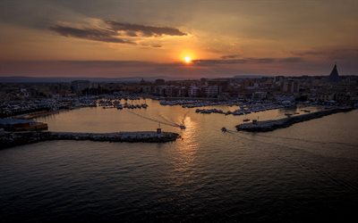 Sisilia, sunset, kaupungin panorama, satama, ranta, Syracuse, Italia