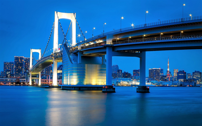 طوكيو, جسر قوس قزح, الجسر المعلق, مساء, أضواء المدينة, خليج طوكيو, اليابان