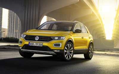 4k, Volkswagen T-Roc, 2018 otomobil, SUV, Sarı T-Roc, VW, Volkswagen