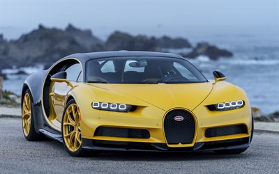 Bugatti Chiron, 2017, yellow Chiron, Hypercar, unique cars, sports cars, Bugatti