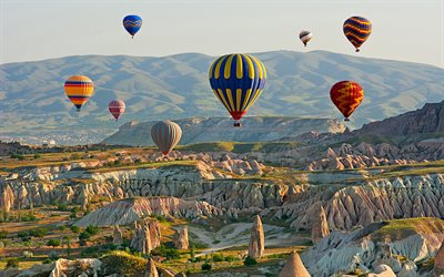 balloons, mountains, Cappadocia, Turkey, summer