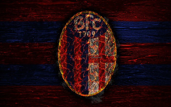 Bologna FC, 4k, el fuego del logotipo, de la Serie a, el f&#250;tbol, el grunge, el club de f&#250;tbol italiano, f&#250;tbol, logotipo, Bolonia, de madera de textura, ardiendo &#225;rbol, Italia