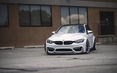 BMW M3, F80, 2018, white sedan, front view, tuning M3, sports cars, BMW