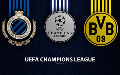 Club Brugge KV vs Borussia Dortmund, 4k, leather texture, logos, promo, UEFA Champions League, Group A, football game, football club logos, Europe