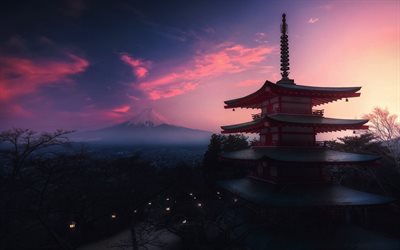 Mount Fuji, kv&#228;ll, sunset, pagoda, Japanskt tempel, stratovulkan, Fujiyama, Japan