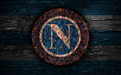 Napoli FC, 4k, fire logo, Serie A, football, grunge, Italian football club, soccer, logo, SSC Napoli, wooden texture, Naples, smoldering tree, Italy, FC Napoli