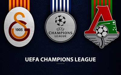 FC Galatasaray vs Lokomotiv Mosca FC, 4k, grana di pelle, logo, promo, UEFA Champions League, Gruppo D, gioco di calcio, football club loghi, Europa
