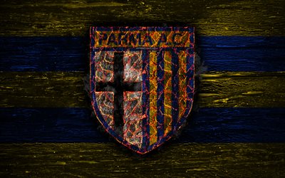 Parma FC, 4k, fogo logotipo, Serie A, futebol, grunge, Italiano de futebol do clube, logo, textura de madeira, Parma, ardendo &#225;rvore, It&#225;lia
