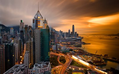 Hong Kong, edif&#237;cios modernos, paisagens de cidade, p&#244;r do sol, &#193;sia, China