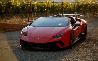 Lamborghini Huracan, Spyder, 2018, Performante, red sports car, cabriolet, front view, new red, tuning Huracan, Italian sports cars, Lamborghini