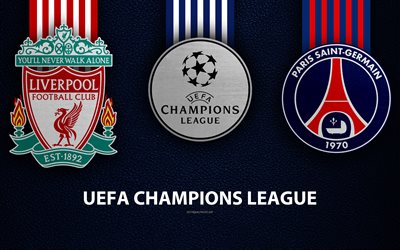 Liverpool FC vs PSG, 4k, leather texture, logos, promo, UEFA Champions League, Group C, football game, football club logos, Europe, Paris Saint-Germain FC, Liverpool FC