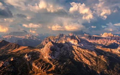 Dolomites, Italy, mountain landscape, evening, view from above