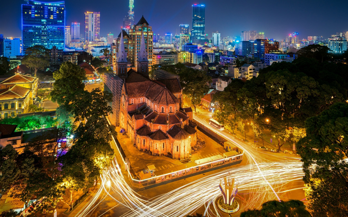 night, cityscape, Vietnam, catholic church, city lights, panorama