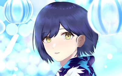 Shizuka Rin, 4k, manga, disegno, blu, capelli, Virtuale Youtuber