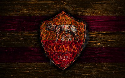 Roma FC, 4k, fire logo, Serie A, football, grunge, Italian football club, soccer, logo, AS Roma, wooden texture, Rome, smoldering tree, Italy, FC Roma