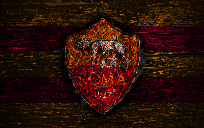 Roma FC, 4k, fogo logotipo, Serie A, futebol, grunge, Italiano de futebol do clube, logo, As Roma, textura de madeira, Roma, ardendo &#225;rvore, It&#225;lia, FC Roma