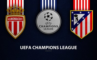 AS Monaco FC vs Atletico Madrid, 4k, nahka rakenne, logot, promo, UEFA Champions League, Ryhm&#228; A, jalkapallo peli, jalkapalloseura logot, Euroopassa