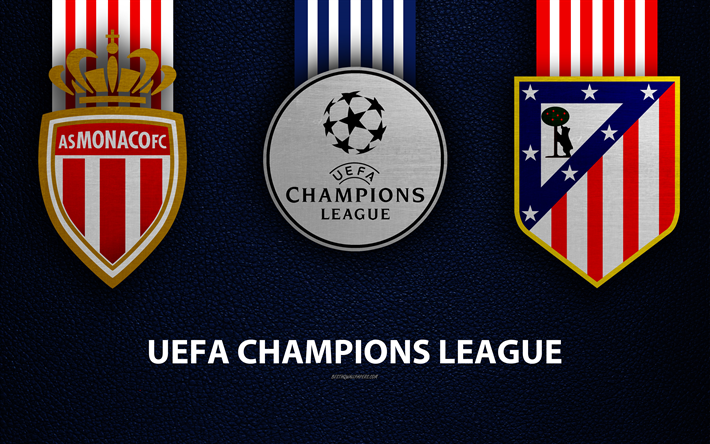 As Monaco FC vs Atl&#233;tico de Madrid, 4k, textura de cuero, logotipos, promo, la UEFA Champions League, Grupo, partido de f&#250;tbol, club de f&#250;tbol de logotipos, Europa