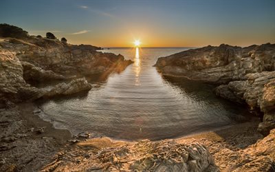 coucher de soleil, la baie, le soir, rocks, paysage marin, l&#39;&#233;t&#233;