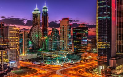 Dubai, moderna byggnader, skyskrapor, stadens ljus, modern arkitektur, natten Dubai, metropol, F&#246;renade ARABEMIRATEN