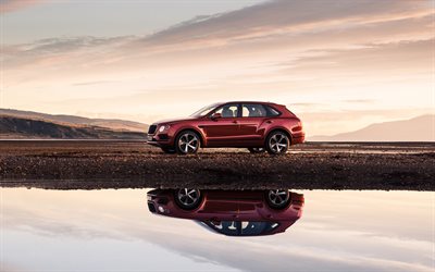 Bentley Bentayga, 2018, sivukuva, illalla, sunset, ylellinen punainen MAASTOAUTO, uusi punainen Bentayga, British autot, Bentley