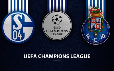 O Schalke 04 vs FC Porto, 4k, textura de couro, logotipos, promo, UEFA Champions League, Grupo D, jogo de futebol, logotipos do clube de futebol, Europa, FC Gelsenkirchen-Schalke