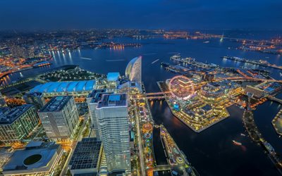 Yokohama, Japonya, gece, G&#252;n batımı, şehir, panorama, ufuk, Japon metropolis