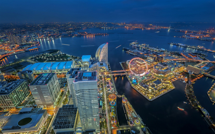 Yokohama, Japani, illalla, sunset, kaupunkikuva, panorama, skyline, Japanilainen metropoli