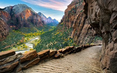 4k, Zion Ulusal Parkı, valley, yaz, cliffs, dağlar, Utah, ABD, Amerika