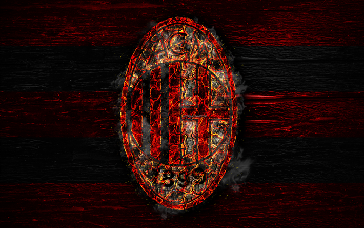 Milan FC, 4k, yangın logo, futbol, grunge, İtalyan Serie A Futbol Kul&#252;b&#252;, logo, AC Milan, ahşap doku, Milan, yanan ağa&#231;, İtalya, FC Milan