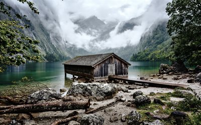 Obersee, Bavaria, Germany, Alps, mountain lake, wooden house, fog, cloudy weather, mountain landscape, natural lake