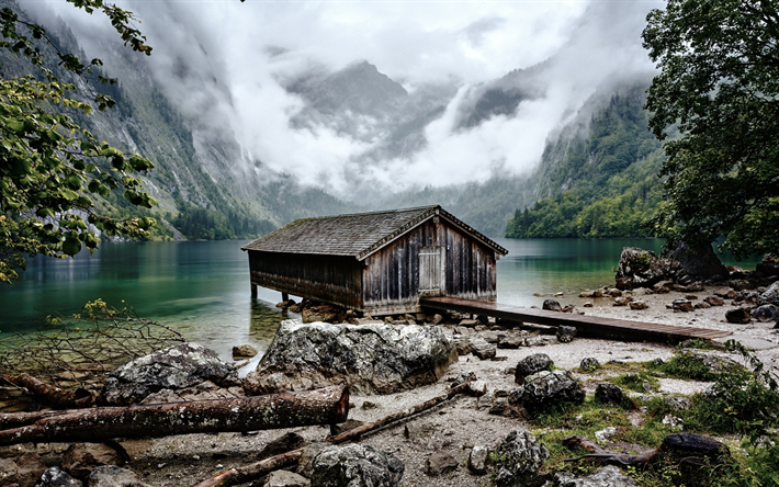 Obersee, Bayern, Tyskland, Alperna, mountain lake, tr&#228;-hus, dimma, molnigt v&#228;der, bergslandskapet, naturliga sj&#246;n