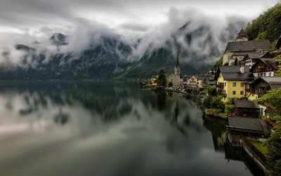 Lago di Hallstatt, mattina, nebbia, paesaggio di montagna, Alpi, Hallstatt, Austria