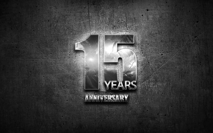 15 Years Anniversary, silver signs, creative, anniversary concepts, 15th anniversary, gray metal background, Silver 15th anniversary sign