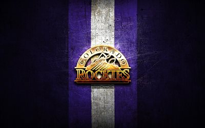 Colorado Rockies, golden logo, MLB, violet metal background, american baseball team, Major League Baseball, Colorado Rockies logo, baseball, USA