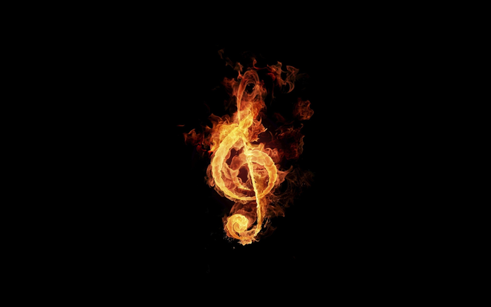 fiery treble clef, minimal, black background, fire, treble clef, creative