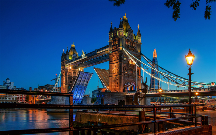 London, Tower Bridge, kv&#228;ll, sunset, landm&#228;rke, Themsen, England, Storbritannien