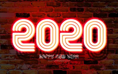 4k, 2020 r&#246;d neon siffror, konstverk, Gott Nytt &#197;r 2020, red brickwall, 2020 neon art, 2020 begrepp, r&#246;d neon siffror, 2020 p&#229; r&#246;d bakgrund, 2020 &#229;rs siffror