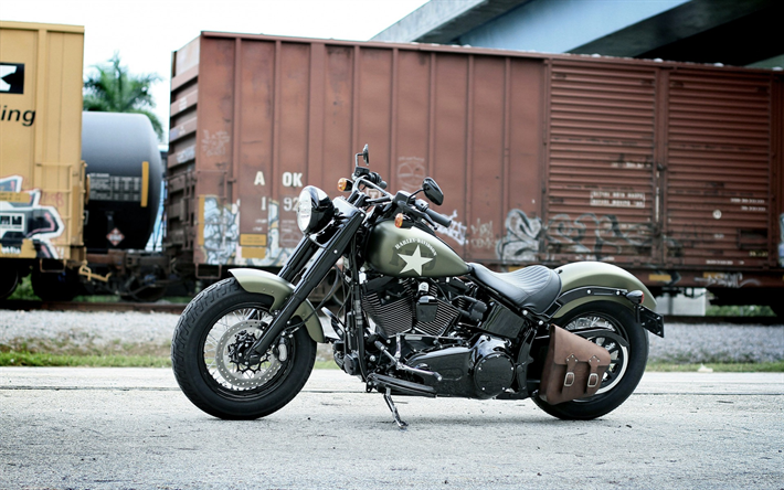 A Harley-Davidson Softail Slim S, exterior, vista lateral, estilo militar, verde nova Softail Slim S, americana de motocicletas, A Harley-Davidson