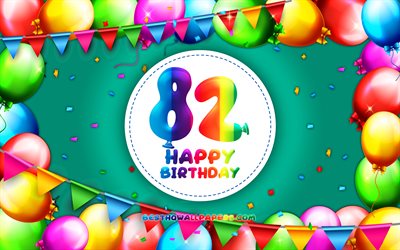 سعيد عيد ميلاد 82 ،, 4k, الملونة بالون الإطار, عيد ميلاد, خلفية زرقاء, سعيد 82 سنة ميلاده, الإبداعية, 82 عيد ميلاد, عيد ميلاد مفهوم