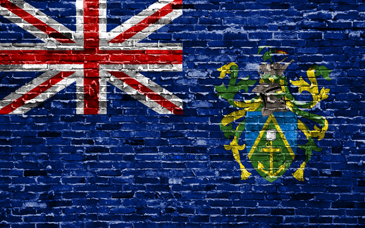4k, Pitcairn諸島フラグ, レンガの質感, オセアニア, 国立記号, 旗のPitcairn島, brickwall, Pitcairn島の3Dフラグ, 大洋州の国々, Pitcairn島