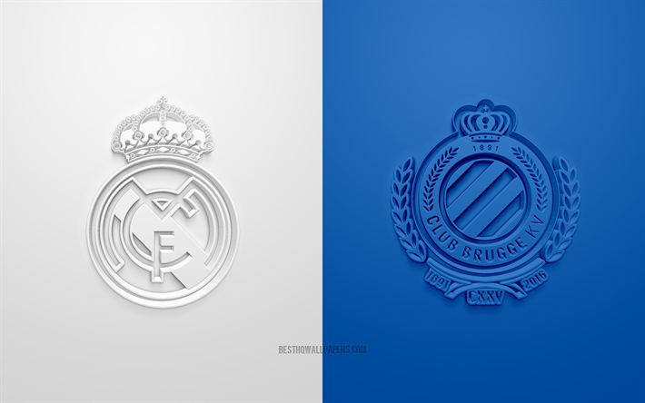 Real Madrid vs Club Brugge, Liga Dos Campe&#245;es, 2019, promo, partida de futebol, Grupo Um, A UEFA, Europa, O Real Madrid, O Club Brugge, Arte 3d, Logo em 3d