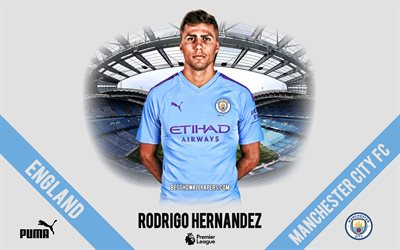 Rodrigo Hernandez, Manchester City FC, le portrait, le footballeur espagnol, le milieu de terrain de Premier League, Angleterre, Manchester City footballeurs 2020, le football, l&#39;Etihad Stadium