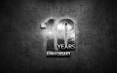 10 Anos De Aniversário, prata sinais, criativo, aniversário conceitos, 10º aniversário, metal cinza de fundo, Prata 10º aniversário sinal